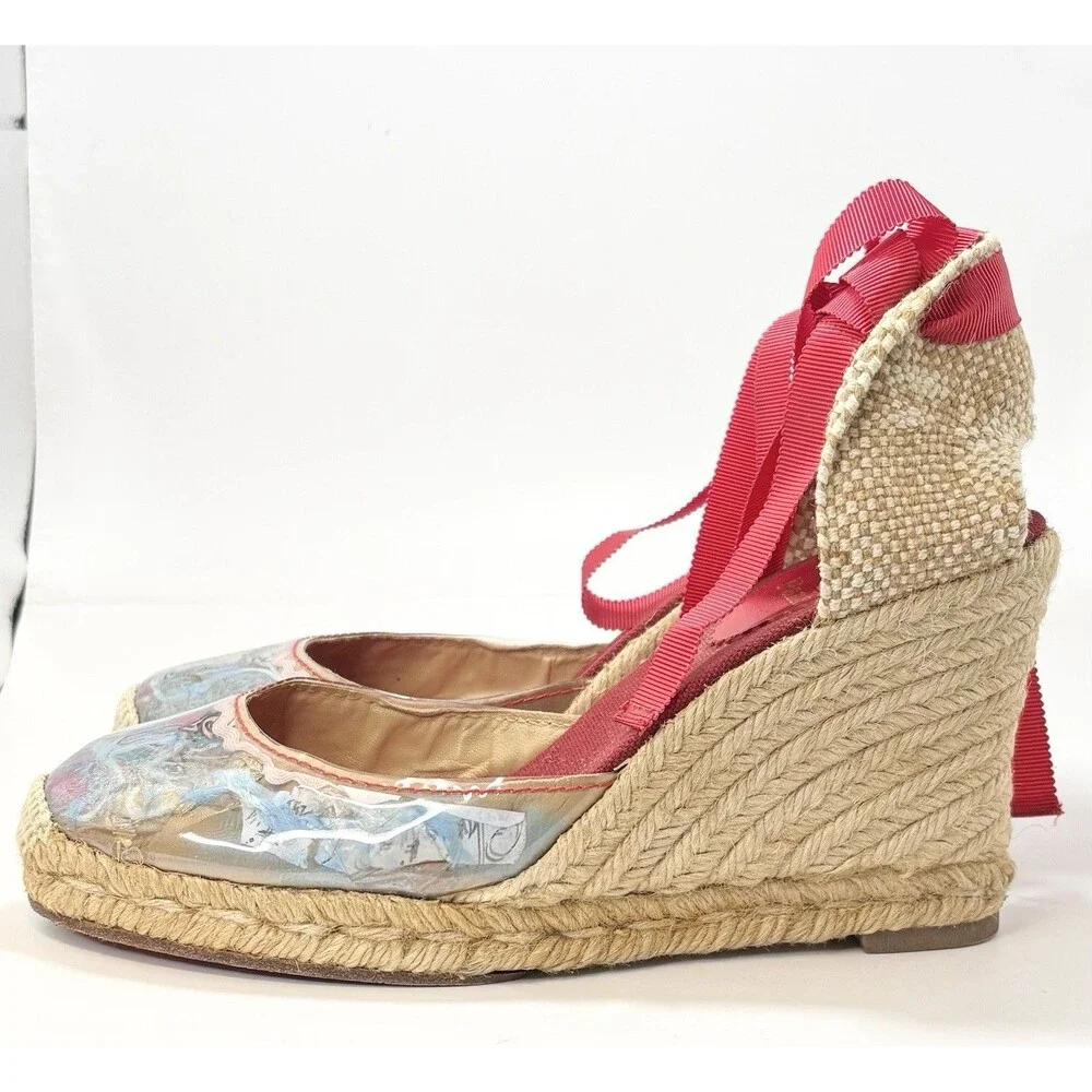 Christian Louboutin Red Ribbon Espadrille Wedge with Printed Toe